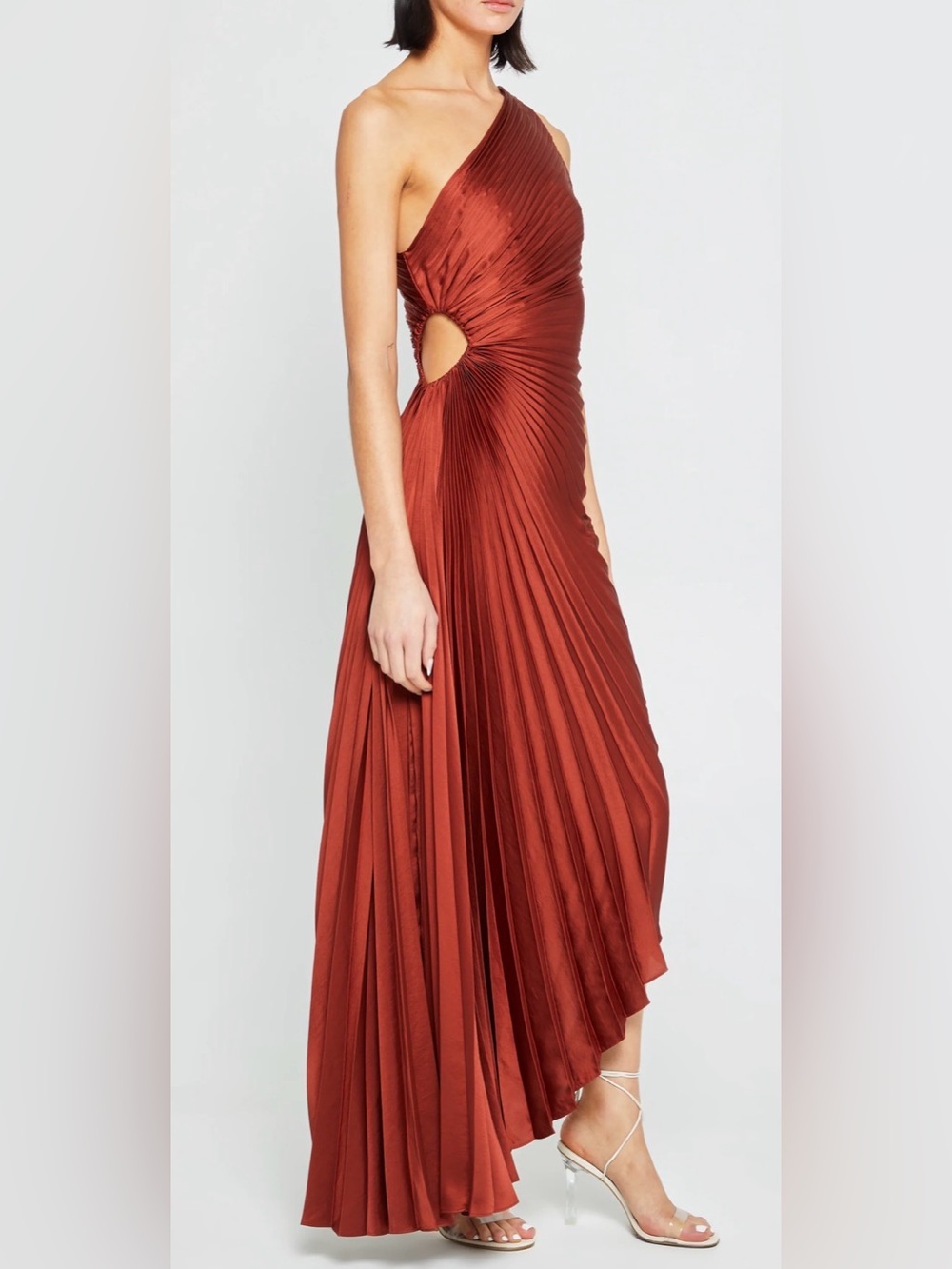 Few Moda NWT o.p.t Perko One-Shoulder cut out Pleated Rust Orange Dress - Picture 2 of 12